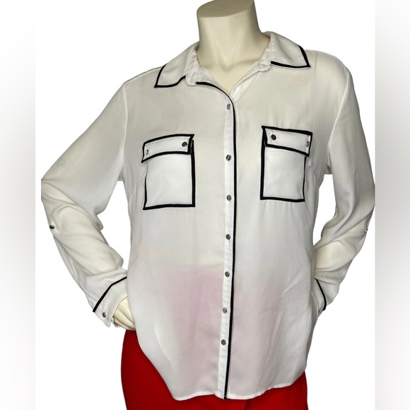 7TH AVENUE NEW YORK & COMPANY White & Black Button Up Long Sleeve Blouse Shirt,L - Picture 3 of 16